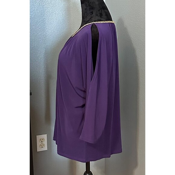 Carmen Marc Valvo Woman Blouse 1X Purple Chain Neckline Top Cold Shoulder Draped - Picture 3 of 7